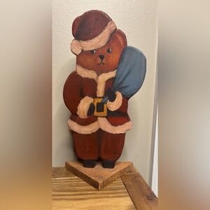 Vintage Handcrafted Wooden Santa Bear OOAK 10.5”x4.5” Signed